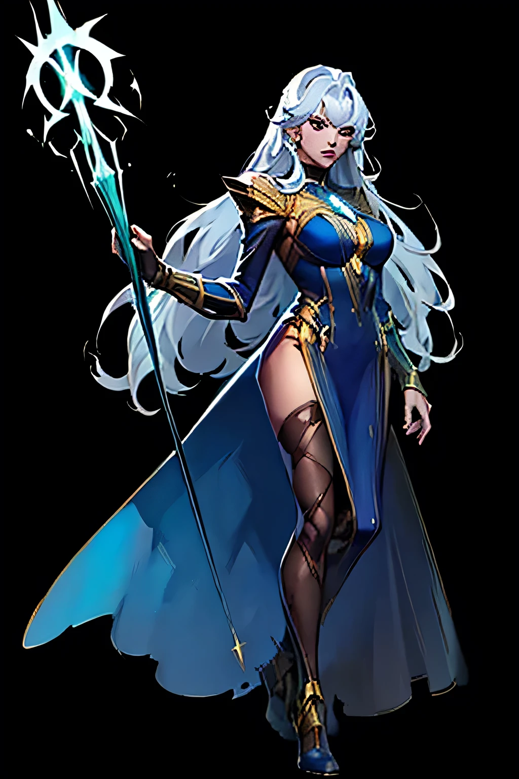 (masterpiece, best quality:1.2) 1girl, standing, full body, long blue dress, long white hair, glowing yellow eyes, holding magic staff, marvel rivals style, white simple background