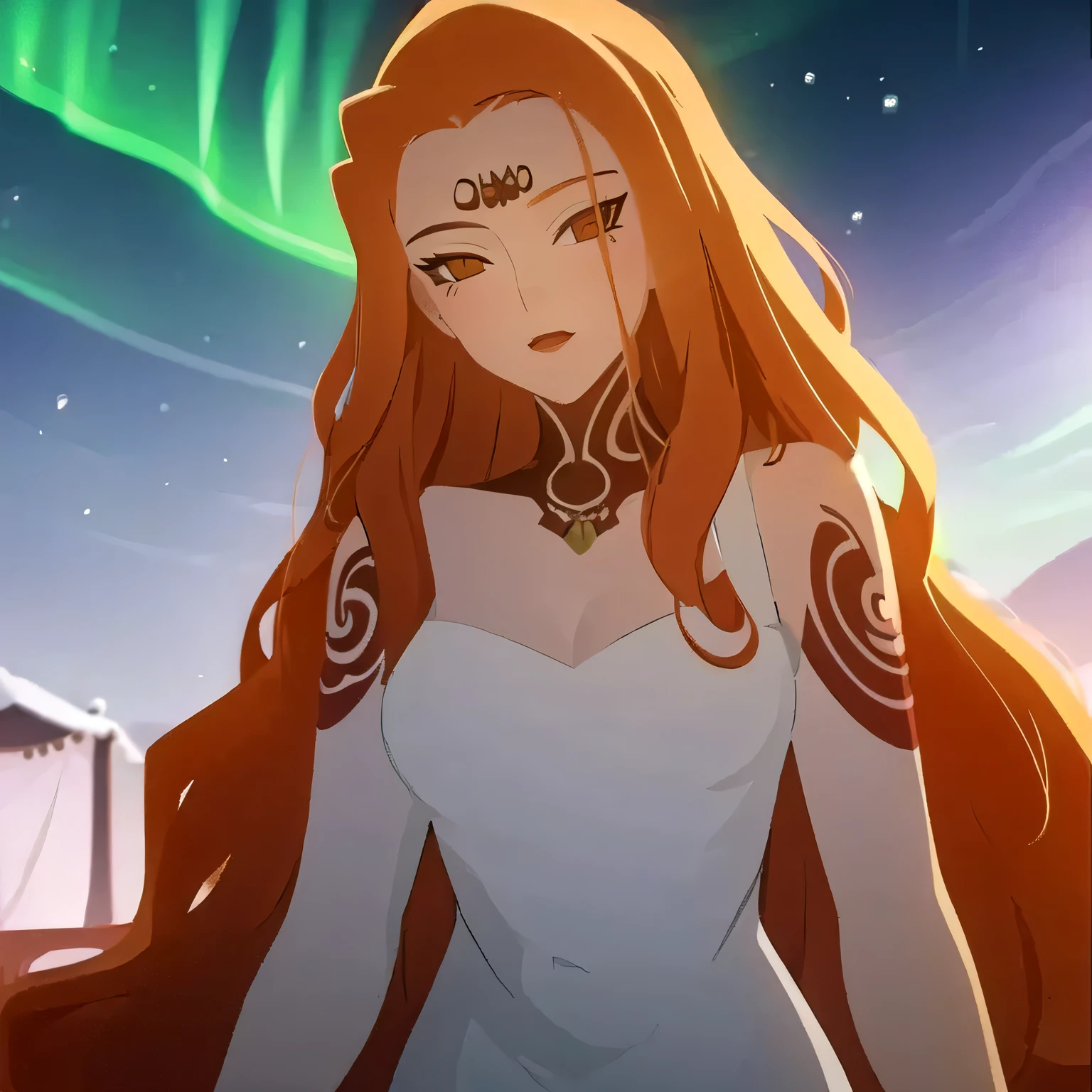 (masterpiece, best quality:1.2) 1girl, long orange hair, face tatoo, long white dress, fur coat, aurora borealis background, snowing twilight, totg