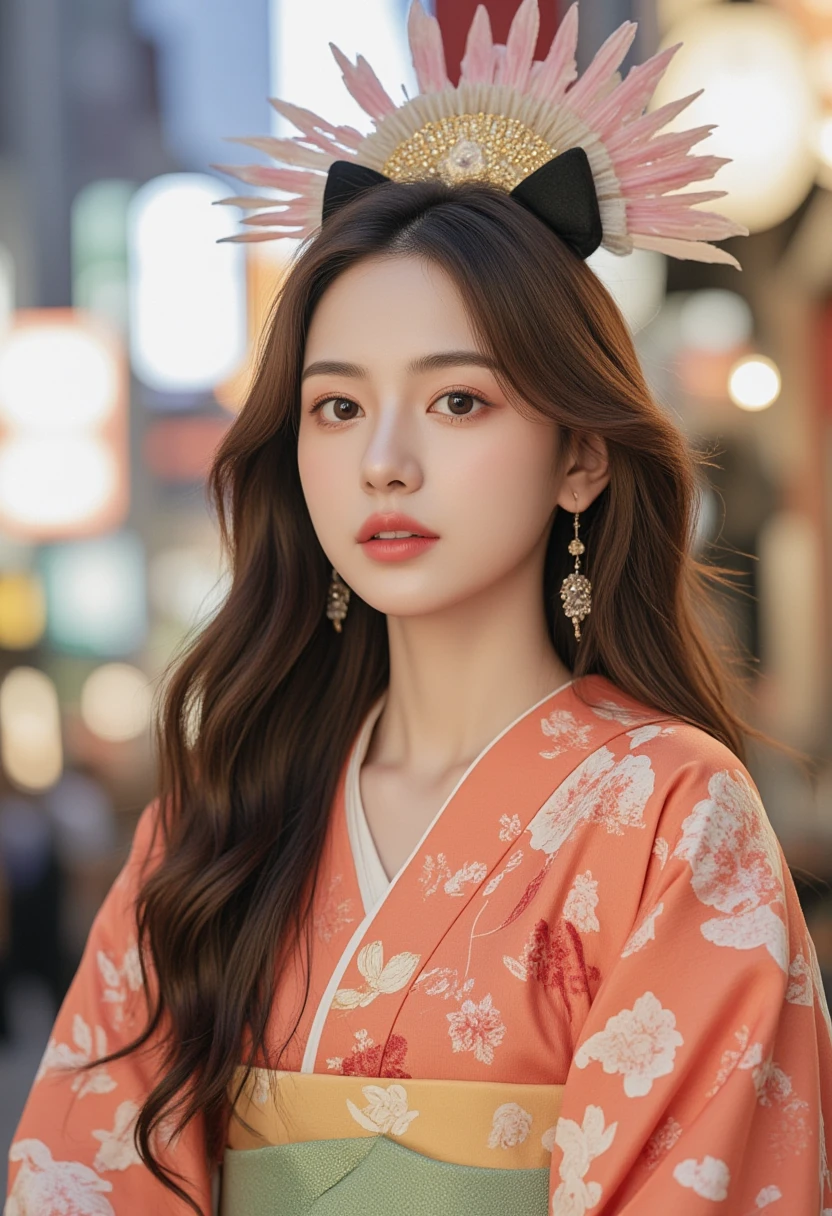  Full Body Closeup，1 woman with long burgundy hair，((Japanese-style yukata))，Brown eyes ， with exquisite, beautiful, and fair face，Lipstick，earrings，Wear a hair ornament on her head， on a brightly lit street ，Highlight，Soft Light