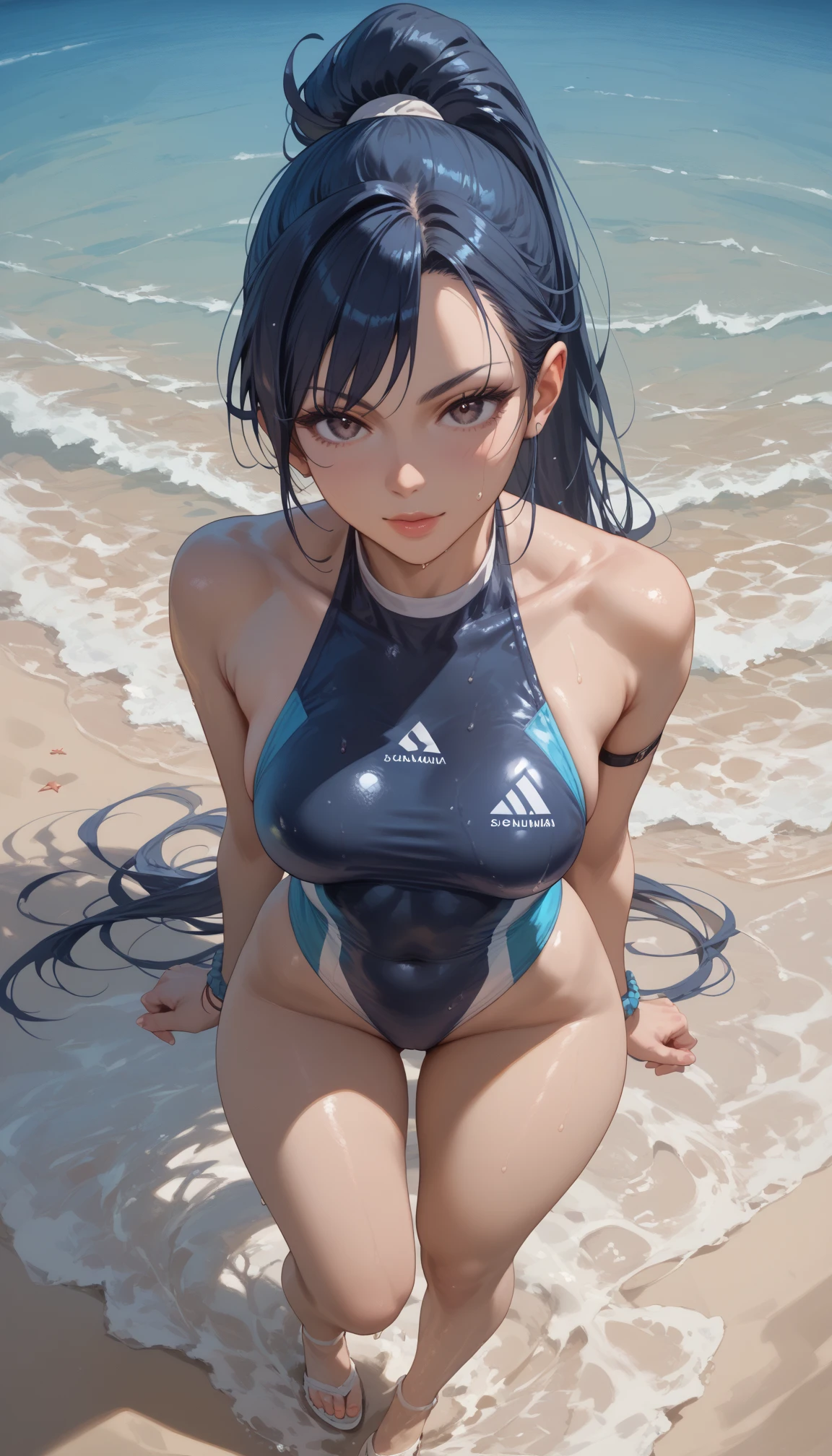 Adult женщина 20 лет, Point of View Shot, Full screen POV  ,  dark blue hair , Ponytail hairstyle,,   in a swimsuit on the beach  ,  dark eyes,  medium breasts , Adult, ,  full length 