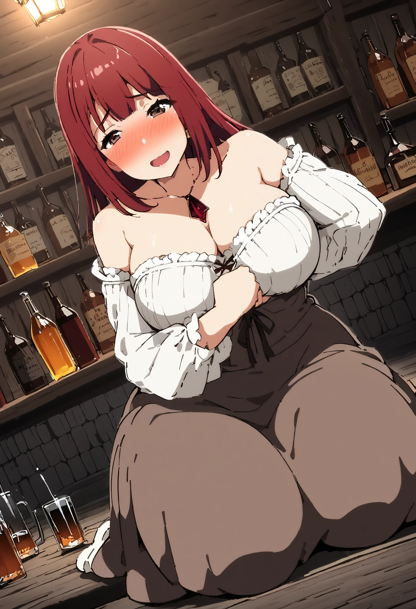 ( 1 woman 1 man ),attractive mature woman in very tight medieval peasant dress with neckline, breasts, straight red hair,  sensual look, brown eyes, in a tavern, inn, erotic, sensual, Milf, ecchi,  shy expression , medieval tavern, Smile shame,  perfect body, blush, shameless, daring,  tight dress , ,pose of please stop,  full body , Hand in hand with a medieval man, Alcoholic drinks, dislike orgasm, 