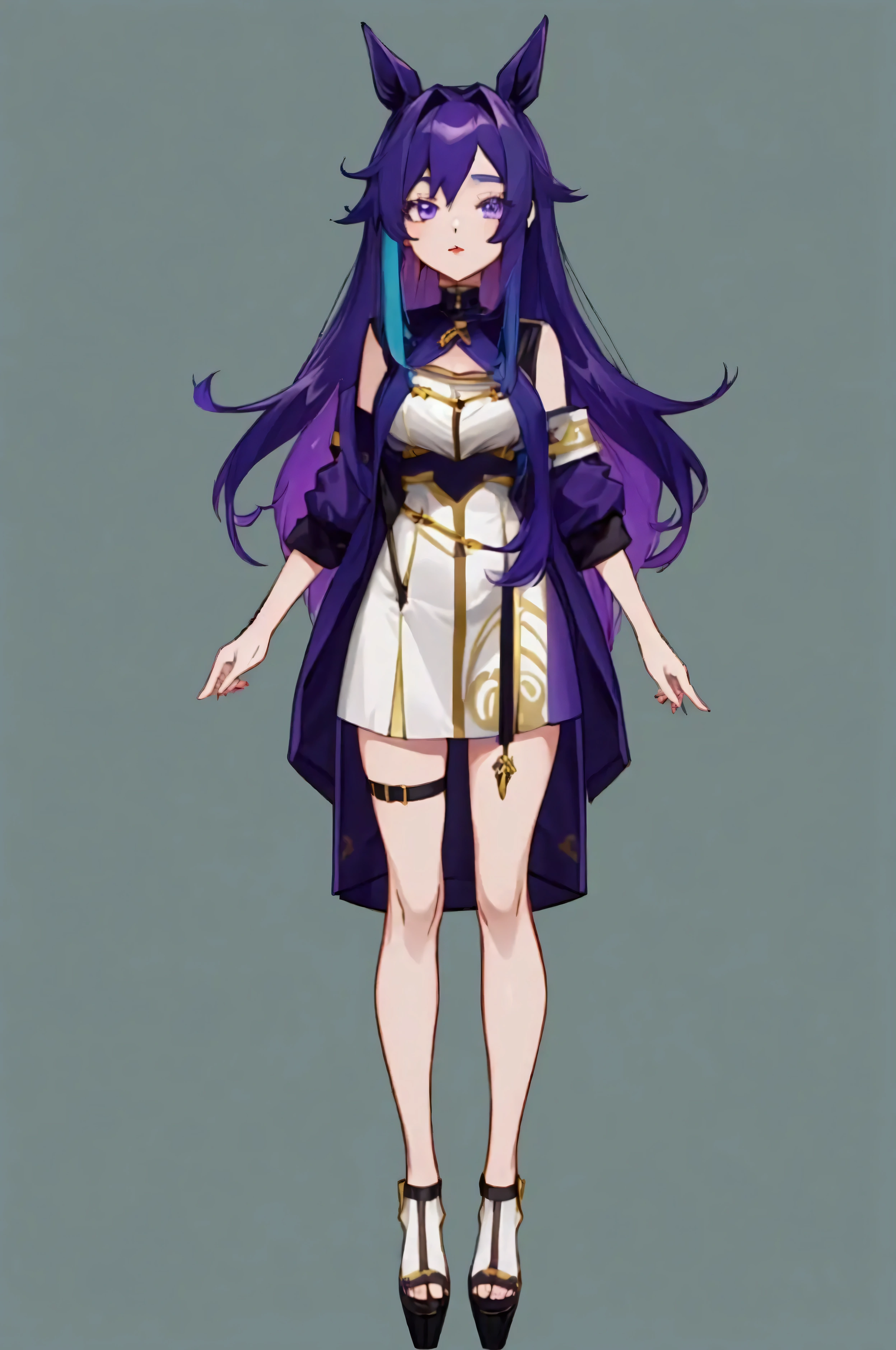 (full body), ((simple blue chroma background)), 22-year-old long straight purple hair, horsetail in her hair, purple eyes, anime-long style 2000, short dress tight with golden detailing, breasts bigger than her head, flirty look, lipstick, 4k, hd, self-definition, good image quality and lined, (vtuber-fullbody),