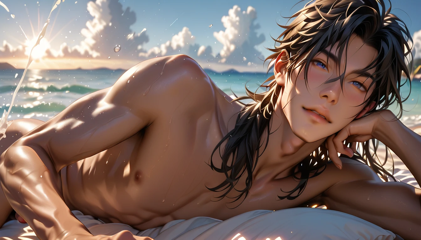 a young skinny boy, younger than 14 old, with splendid long black hair, tanned, with a sweet and orgasmical facial expression, he is lying on the beach near the sea during a romantic sunset, he is completely naked, hairless body and hairless small penis, slim abs, while he is showing his small hairless penis. he has a huge cumshot coming out from his penis, his body and face are full of sperm