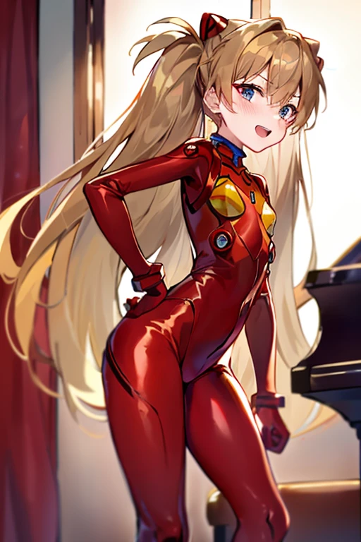 (( top quality )), ((masterpiece)), (be familiar with),  perfect face, indoor, bedroom,  watching viewers,
One woman,  Soryu Asuka Langley,
 open mouth,  ecstatic expression beside the piano, blush, smile,
 small tits,  flat chest, Young girl, Lori,  s,  girl,
 long hair,  Twin Tails ,
Leg spread,