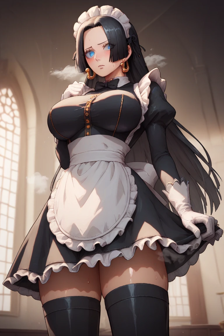 (((beautiful detailed)))(cute face:1.2)1girl,in mansion, maid costume, Cute, shiny skin, , (sharp lines:1.2)(clear line:1.2)(eye details:1.3) anime style((masterpiece, high quality, best quality))  , view from below, , choker, detailed eyes, fit, wide hip, curvy, steam, hugebreasts, thighs, black stocking,long hair, breasts,white gloves, indoors, boots, sweat,sharp focus,, black hair hair, hair ribbon, maid headdress, large breasts, white gloves, white apron, maid apron, long sleeves, juliet sleeves, black bowtie, maid jacket, maid dress, cropped jacket, maid, cinematic view,  boa Hancock maid outfit, blue eyes, big earing, smille, blush, long black hair, seducative, looking at viewers,deep eyes, detailed eyeliner, detailed eyelashes