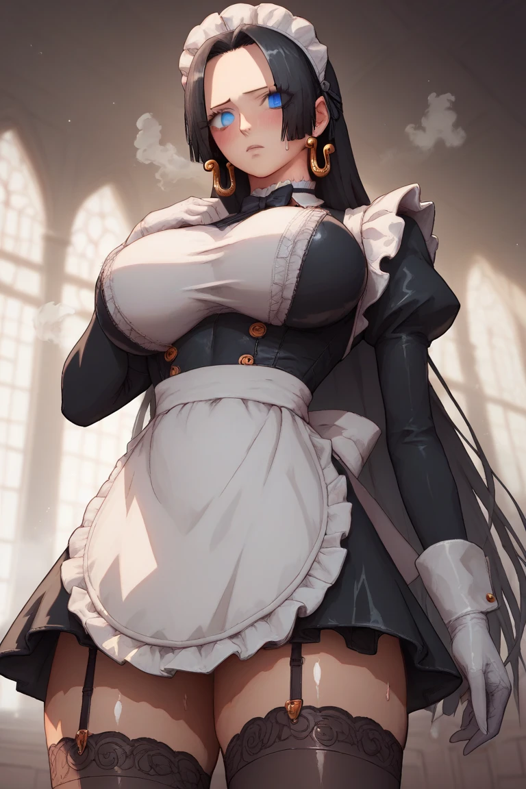 (((beautiful detailed)))(cute face:1.2)1girl,in mansion, maid costume, Cute, shiny skin, , (sharp lines:1.2)(clear line:1.2)(eye details:1.3) anime style((masterpiece, high quality, best quality))  , view from below, , choker, detailed eyes, fit, wide hip, curvy, steam, hugebreasts, thighs, black stocking,long hair, breasts,white gloves, indoors, boots, sweat,sharp focus,, black hair hair, hair ribbon, maid headdress, large breasts, white gloves, white apron, maid apron, long sleeves, juliet sleeves, black bowtie, maid jacket, maid dress, cropped jacket, maid, cinematic view,  boa Hancock maid outfit, blue eyes, big earing, smille, blush, long black hair, seducative, looking at viewers,deep eyes, detailed eyeliner, detailed eyelashes