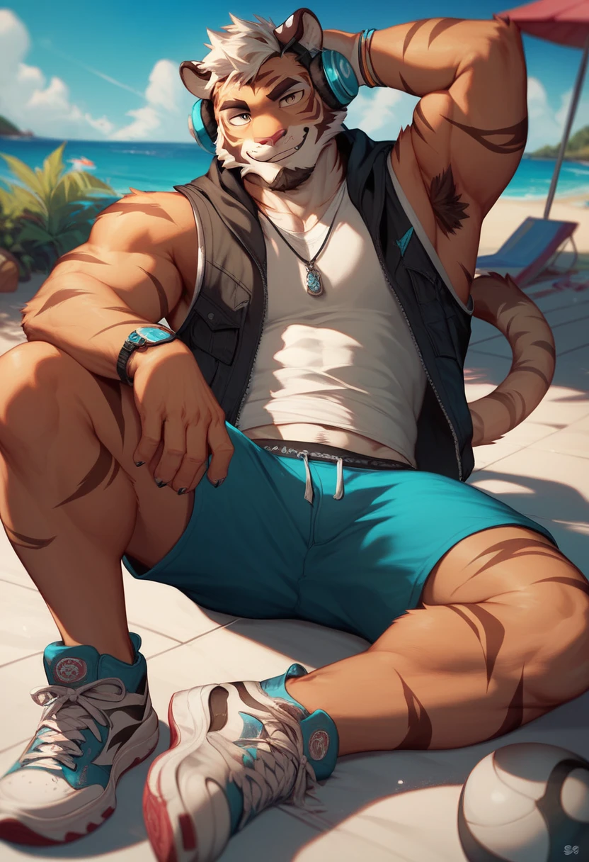 A tiger, antromorfo, Perfect anatomy, brown body, adult, short beard,  wearing a hooded vest , sneakers and headphones, pose, relaxed, on a beach, 4k