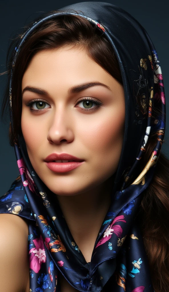 UHD, 4k, ultra detailed, cinematic, a photograph of  scarf a very beautiful woman with a scarf,scarf style, solo, looking at viewer, shirt, brown hair, brown eyes, parted lips, teeth, mole, scarf, helmet, portrait, freckles, mask pull, photorealistic, medium shot, portrait, epic, beautiful lighting, inpsiring