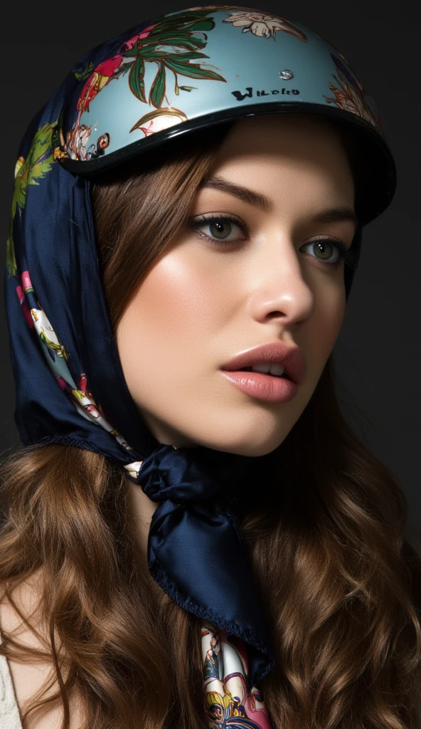 UHD, 4k, ultra detailed, cinematic, a photograph of  scarf a very beautiful woman with a scarf,scarf style, solo, looking at viewer, shirt, brown hair, brown eyes, parted lips, teeth, mole, scarf, helmet, portrait, freckles, mask pull, photorealistic, medium shot, portrait, epic, beautiful lighting, inpsiring