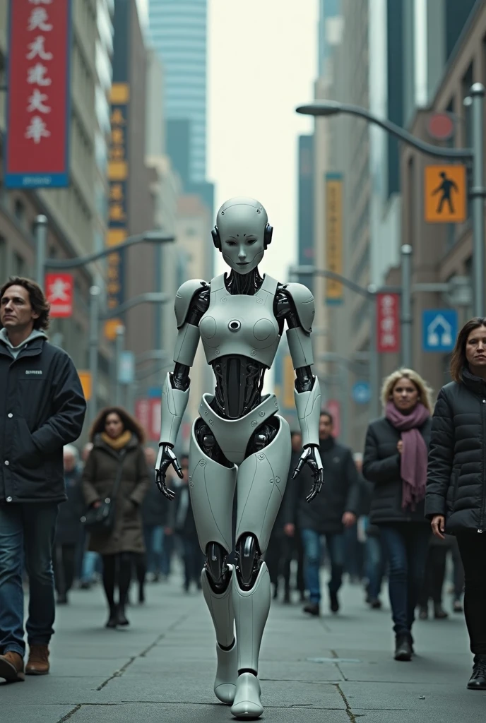 Woman's cyborg walking down the street in a crowd of people in the big city, defile show, high quality, best quality, absurdres, masterpiece, beautiful, intricate details, 1/2 body crop, slim body, beautiful figure, magnificent anatomy, (intricate details:1.12), HDR, (intricate details, hyper-detailing:1.15), (natural skin textures, hyper realisitc, soft light, Sharp:1.2)