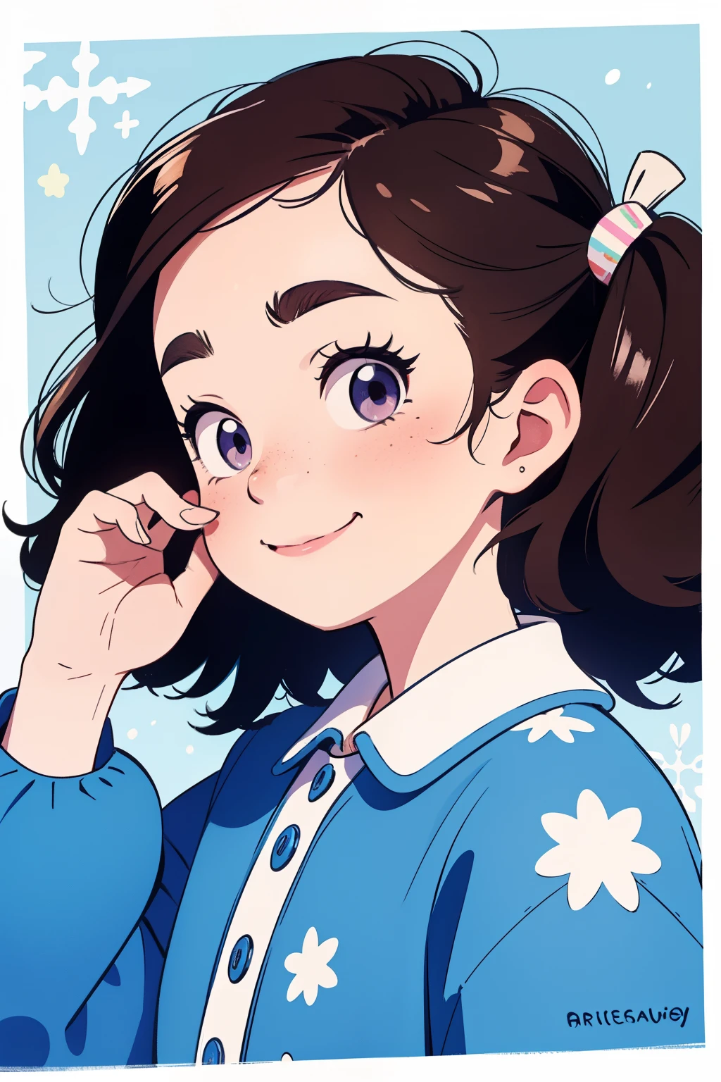 masterpiece， top quality ，Cute doodles， cheerful, Honor student，baby face， very short， toddler figure ，Curly Hair,  twin tail hair ， vibrant, Curious Eyes ，Freckles， thick eyebrows， open fly，Winter park，冬のsnow景色， Jojo Fashion ，smile， I'm a little shy ，snow， blue sky， bright ， low angle， bright 色，watercolor， Accurate and Detailed Female Fingers ，