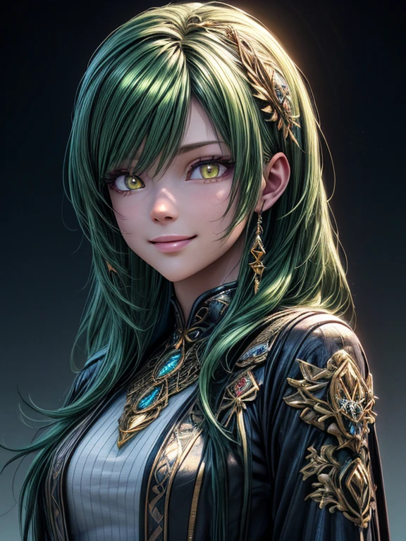 long,  green hair , yellow eyes,  straitjacket ,  smiling girl. ( masterpiece fails, highest quality,  better quality ,  official art ,  beautiful and aesthetic :1.2),  Extremely detailed ,( fractal art :1.2), Colorful ,The most detailed, ( lots of colors:1.4). (( skin texture ,  Shiny skin . elegance.  photorealism .  unreal engine .  3d Model.  Ultra high quality textures.  high detail.  8k resolution))