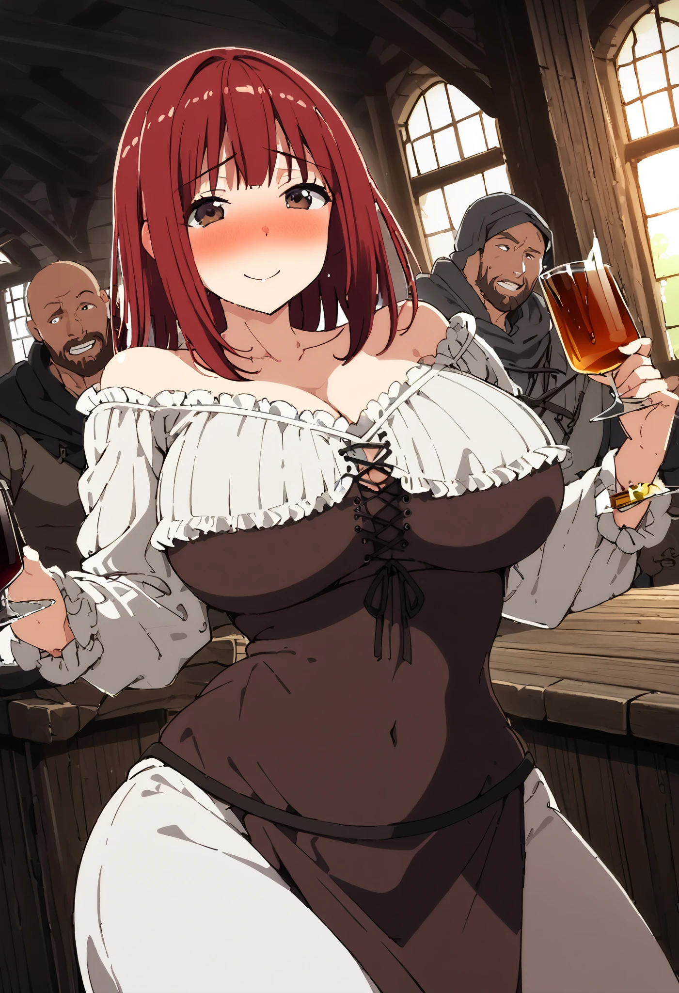 ( 1 woman 1 man ),attractive mature woman in very tight medieval peasant dress with neckline, breasts, straight red hair,  sensual look, brown eyes, in a tavern, inn, erotic, sensual, Milf, ecchi,  shy expression , medieval tavern, Smile shame,  perfect body , blush, shameless, daring,  tight dress , ,pose of please stop,  full body , She is accompanied by a medieval man, Alcoholic drinks, dislike orgasm, Slim body,  