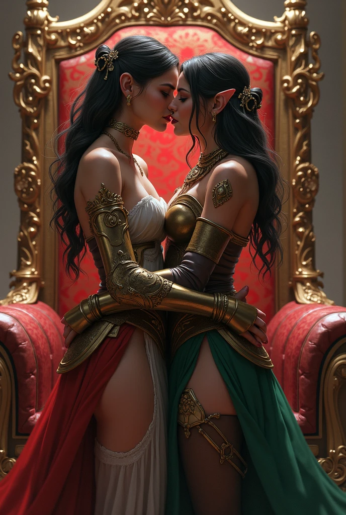 A highly detailed fantasy illustration of two elven princesses and a transgender orc woman in a passionate kiss, all wearing sexy dresses with armored elements, set in a dense, lush, Amazon-style jungle environment, (best quality,4k,8k,highres,masterpiece:1.2),ultra-detailed,(realistic,photorealistic,photo-realistic:1.37),extremely detailed faces and eyes,beautiful long eyelashes,beautiful detailed lips,extremely detailed eyes and face,1 girl,2 girls,orc female,elven princesses,kissing,sexy dresses,armored elements,dense jungle environment,Amazon-style forest,vivid colors,dramatic lighting,cinematic composition