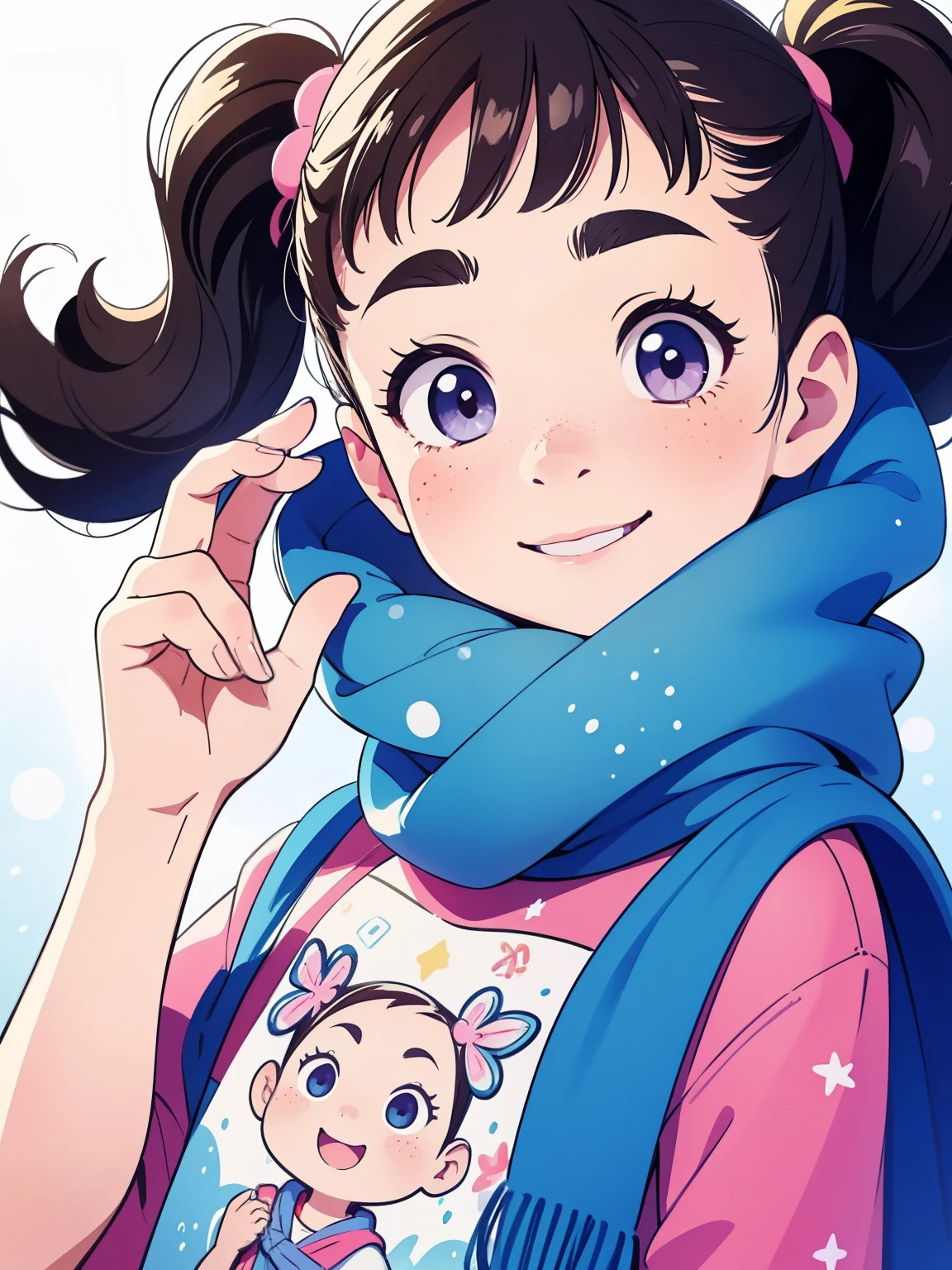 masterpiece， top quality ，Cute doodles， cheerful, Honor student，baby face， very short， toddler figure ，Curly Hair,  twin tail hair ， vibrant, Curious Eyes ，Freckles， thick eyebrows， open fly，Winter park，冬のsnow景色， Jojo Fashion ， warm scarf ，smile， I'm a little shy ，snow， blue sky， bright ， low angle， bright 色，watercolor， Accurate and Detailed Female Fingers ，