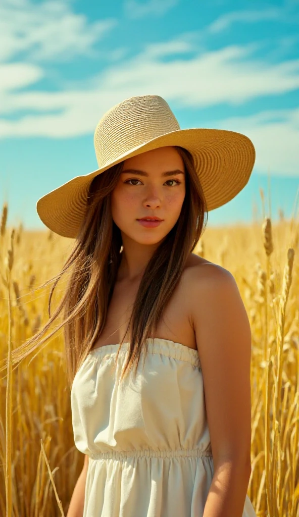 UHD, 4k, ultra detailed, cinematic, a photograph of  A cinematic realism dslr footage of a woman in a hat is standing in a field, detailed background, vivid color, cinematic shadows, cinematic color, chiaroscuro, perfect cinematic image, perfect body, perfect anatomy, sharp image, detailed image, high quality photography, cinematic skin tone color, cinematic skin pore, cinematic photography style, digital cinematography style, 1girl, solo, long hair, looking at viewer, blue eyes, brown hair, hat, dress, bare shoulders, upper body, outdoors, parted lips, sky, day, signature, white dress, blurry, blue sky, lips, blurry background, realistic, straw hat, nail polish, fingernails, depth of field, field, brown eyes, freckles, wheat, smile, sun hat, photorealistic
, epic, beautiful lighting, inpsiring