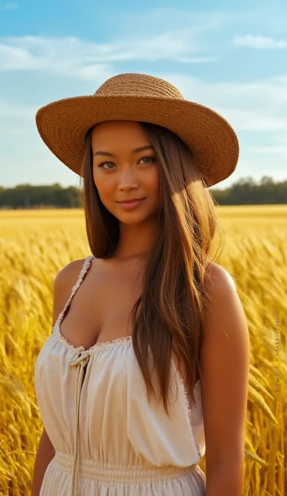 UHD, 4k, ultra detailed, cinematic, a photograph of  A cinematic realism dslr footage of a woman in a hat is standing in a field, detailed background, vivid color, cinematic shadows, cinematic color, chiaroscuro, perfect cinematic image, perfect body, perfect anatomy, sharp image, detailed image, high quality photography, cinematic skin tone color, cinematic skin pore, cinematic photography style, digital cinematography style, 1girl, solo, long hair, looking at viewer, blue eyes, brown hair, hat, dress, bare shoulders, upper body, outdoors, parted lips, sky, day, signature, white dress, blurry, blue sky, lips, blurry background, realistic, straw hat, nail polish, fingernails, depth of field, field, brown eyes, freckles, wheat, smile, sun hat, photorealistic
, epic, beautiful lighting, inpsiring