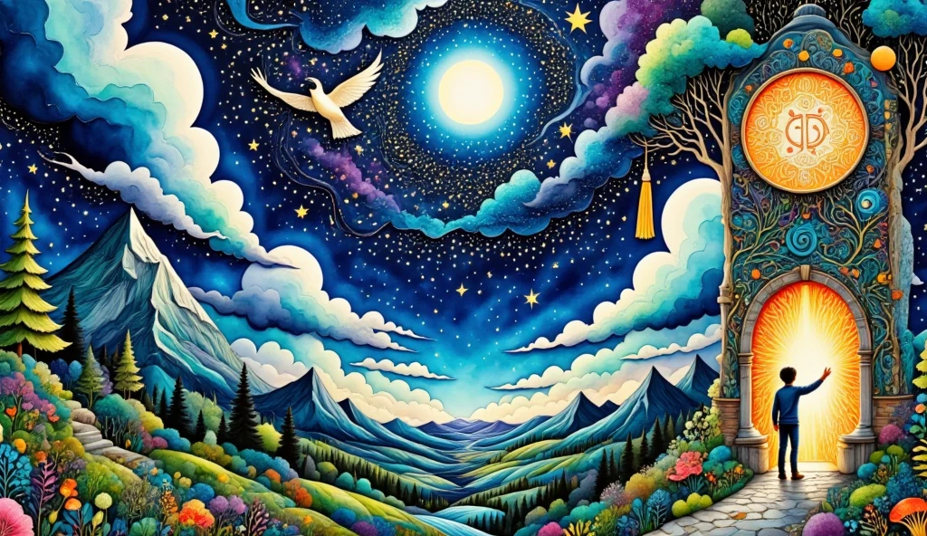 "An epic fantasy illustration featuring a vast night sky filled with glowing constellations and a mystical aura. In the foreground, a heroic figure reaches toward an ancient, radiant door carved with intricate symbols. The door emits a warm, golden light that contrasts with the deep blue and purple hues of the starry sky. Surrounding the scene are towering mountains and a sea of clouds, evoking a sense of awe and depth. A flightless bird soars gracefully through the sky, symbolizing freedom, while a colossal stone giant lies dormant in the distant forest. The atmosphere is magical, adventurous, and steeped in mythological grandeur."