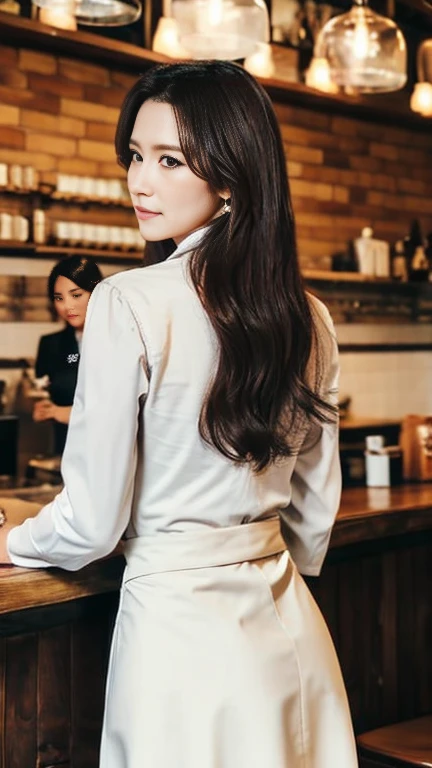 UHD, masterpiece, anatomically correct, super detail, best quality, 8k,  sharp focus 、 cowboy shot、Woman working at a cafe、 one beautiful woman 、Age 30、Tokyo、Woman working at a cafe、I'm putting my hair together at the back、White long sleeve blouse、 Long Skirt、 apron、