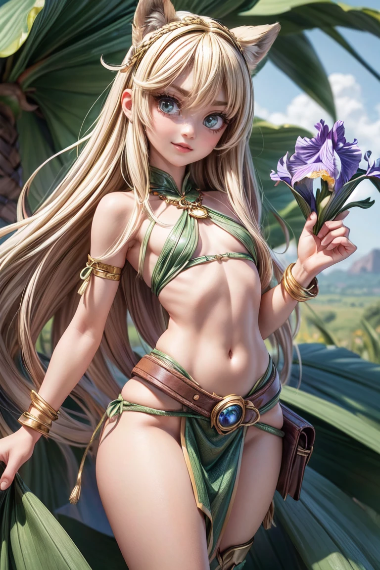 ((mythological being enchanted humanoids)),((naked girl)) ((small breasts)) orange, green eyes, green hair, high quality 3d image close up, serious, looking at camera, masterpiece, high detail , breasts exposed, wears a crown, and has a golden scepter, medium breasts, in an enchanted forest, midriff exposed, standing, in the background a village