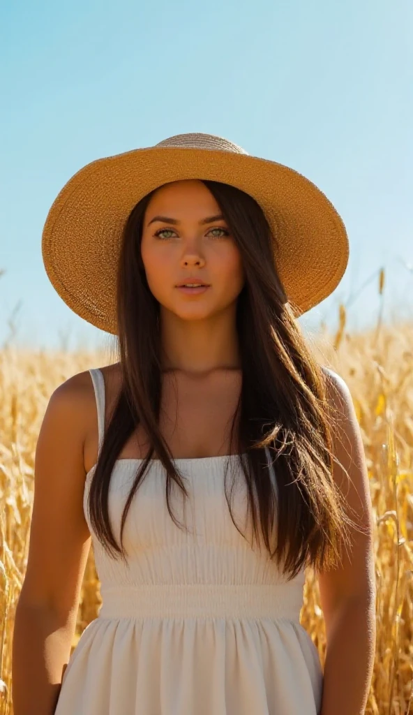 UHD, 4k, ultra detailed, cinematic, a photograph of  A cinematic realism dslr footage of a woman in a hat is standing in a field, detailed background, vivid color, cinematic shadows, cinematic color, chiaroscuro, perfect cinematic image, perfect body, perfect anatomy, sharp image, detailed image, high quality photography, cinematic skin tone color, cinematic skin pore, cinematic photography style, digital cinematography style, 1girl, solo, long hair, looking at viewer, blue eyes, brown hair, hat, dress, bare shoulders, upper body, outdoors, parted lips, sky, day, signature, white dress, blurry, blue sky, lips, blurry background, realistic, straw hat, nail polish, fingernails, depth of field, field, brown eyes, freckles, wheat, smile, sun hat, photorealistic
, epic, beautiful lighting, inpsiring