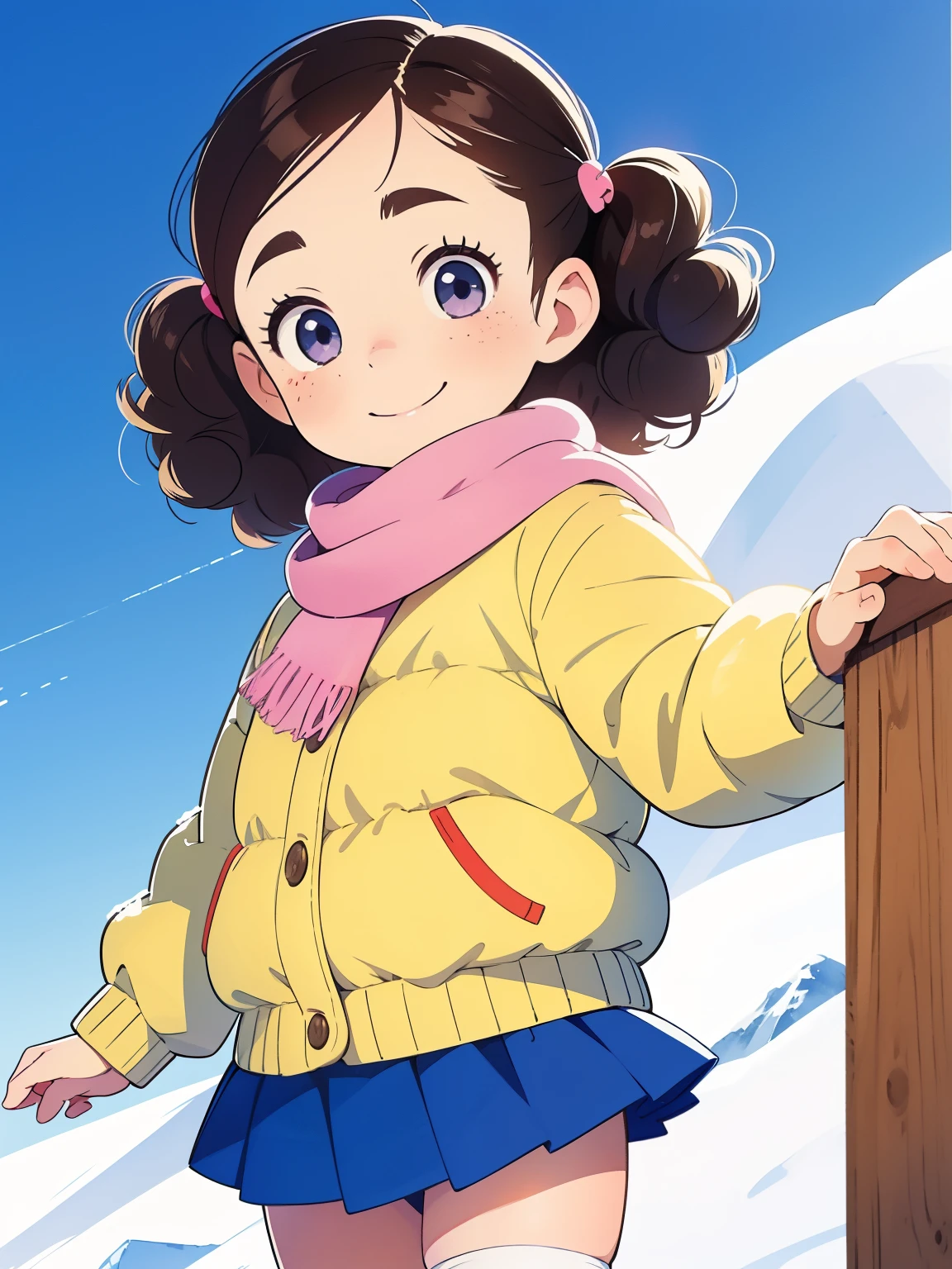 masterpiece， top quality ，Cute doodles， cheerful, Honor student，baby face， very short， toddler figure ，Curly Hair,  twin tail hair ， vibrant, Curious Eyes ，Freckles， thick eyebrows， open fly，Winter park，冬のsnow景色， down jacket， miniskirt，Colorful Knee Socks ， warm scarf ，smile， I'm a little shy ，snow， blue sky， bright ， low angle， bright 色，watercolor， Accurate and Detailed Female Fingers ，