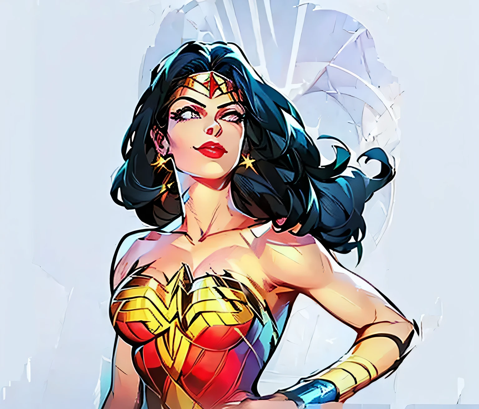 (masterpiece, best quality:1.2) 1girl, standing, upper body, black long hair, red lips, blue eyes, looking at viewer, smile, red earrings, golden tiara, silver bracelet, wonderwoman clothes, wonder woman, marvel rivals style