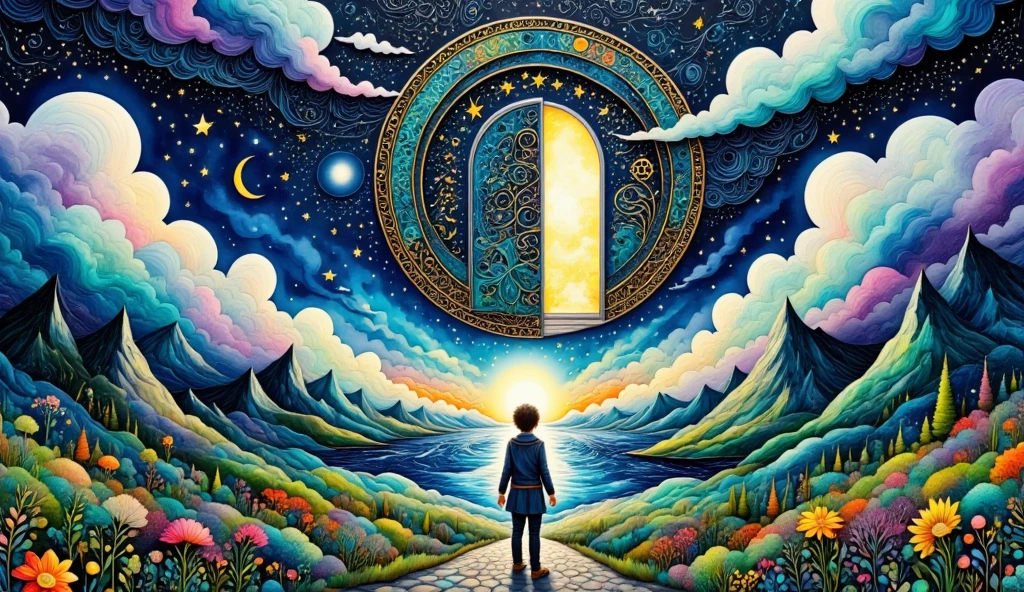 "An epic fantasy illustration featuring a vast night sky filled with glowing constellations and a mystical aura. In the foreground, a heroic figure reaches toward an ancient, radiant door carved with intricate symbols. The door emits a warm, golden light that contrasts with the deep blue and purple hues of the starry sky. Surrounding the scene are towering mountains and a sea of clouds, evoking a sense of awe and depth. A flightless bird soars gracefully through the sky, symbolizing freedom, while a colossal stone giant lies dormant in the distant forest. The atmosphere is magical, adventurous, and steeped in mythological grandeur."