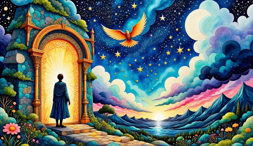 "An epic fantasy illustration featuring a vast night sky filled with glowing constellations and a mystical aura. In the foreground, a heroic figure reaches toward an ancient, radiant door carved with intricate symbols. The door emits a warm, golden light that contrasts with the deep blue and purple hues of the starry sky. Surrounding the scene are towering mountains and a sea of clouds, evoking a sense of awe and depth. A flightless bird soars gracefully through the sky, symbolizing freedom, while a colossal stone giant lies dormant in the distant forest. The atmosphere is magical, adventurous, and steeped in mythological grandeur."