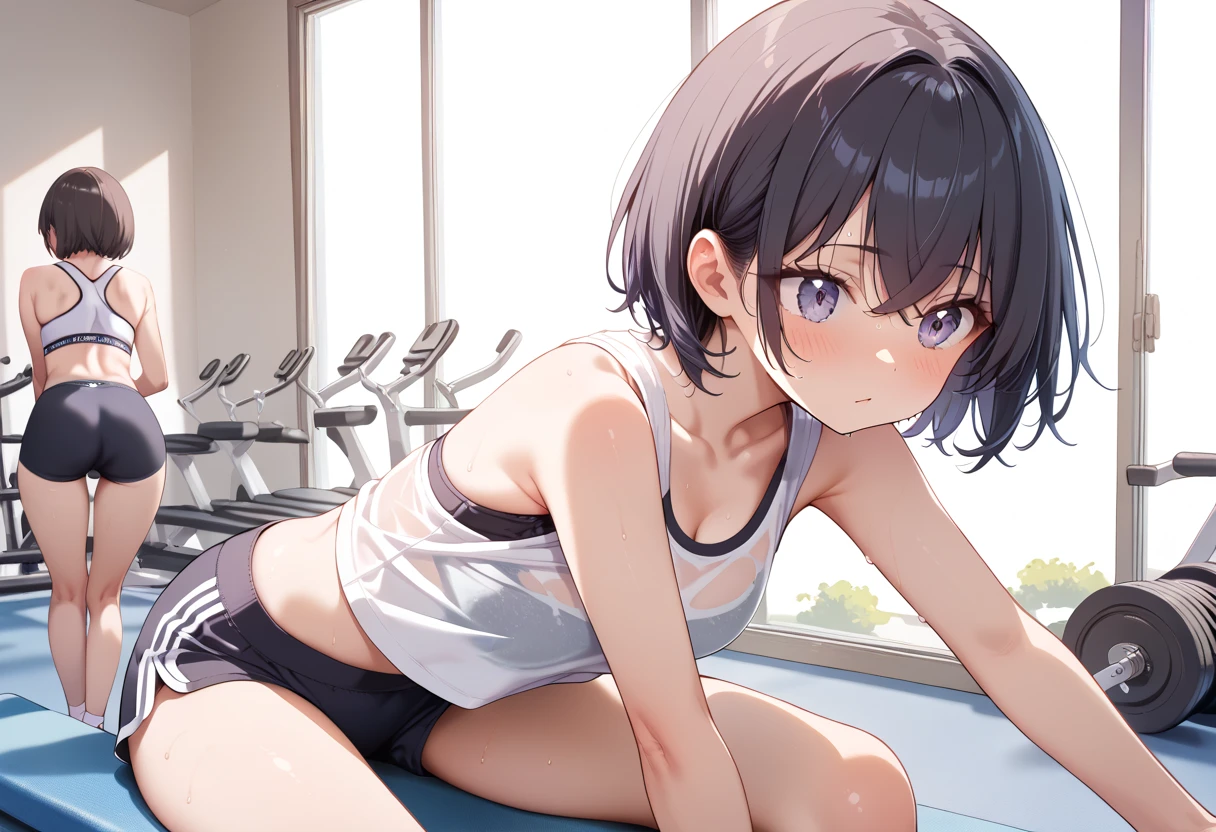 ((masterpiece, best quality, ultra detailed, high resolution, detailed facial description)), (1 girl:1.3), (short hair, crossed bangs), (tank top, bra visible through clothes, sports bra), (black legs legging:1.3), (sitting, leaning forward, legs spread:1.2), (blush:1.2, very sweaty:1.3), (cowboy shot), sports gym, nsfw