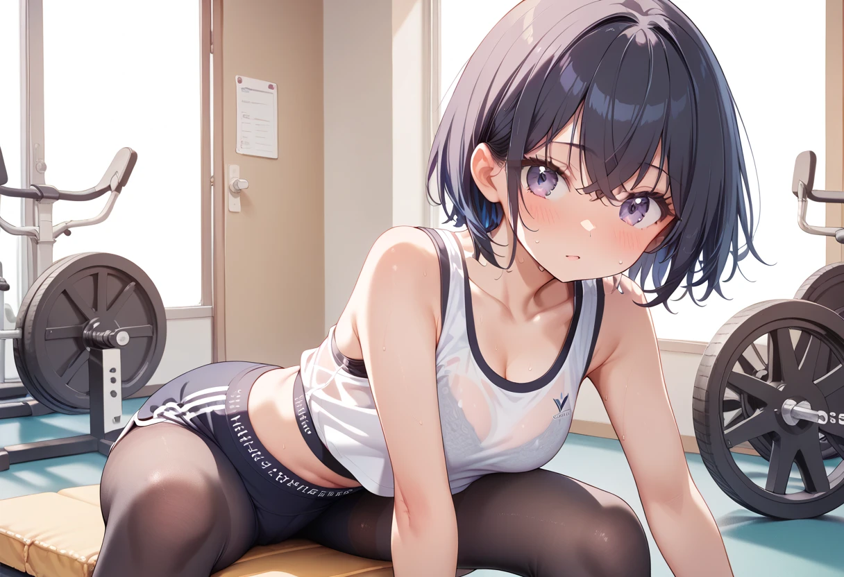 ((masterpiece, best quality, ultra detailed, high resolution, detailed facial description)), (1 girl:1.3), (short hair, crossed bangs), (tank top, bra visible through clothes, sports bra), (black legs legging:1.3), (sitting, leaning forward, legs spread:1.2), (blush:1.2, very sweaty:1.3), (cowboy shot), sports gym, nsfw