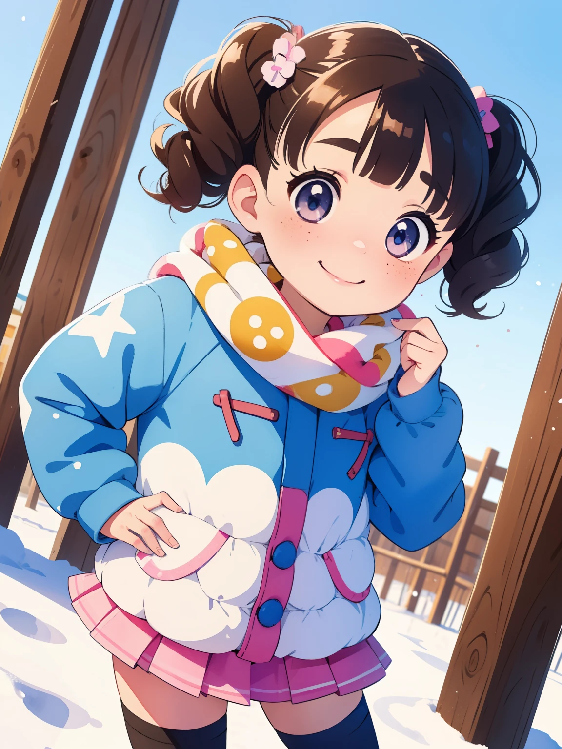 masterpiece， top quality ，Cute doodles， cheerful, Honor student，baby face， very short， toddler figure ，Curly Hair,  twin tail hair ， vibrant, Curious Eyes ，Freckles， thick eyebrows， open fly，Winter park，冬のsnow景色， down jacket， miniskirt，Colorful Knee Socks ， warm scarf ，smile， I'm a little shy ，snow， blue sky， bright ， low angle， bright 色，watercolor， Accurate and Detailed Female Fingers ，