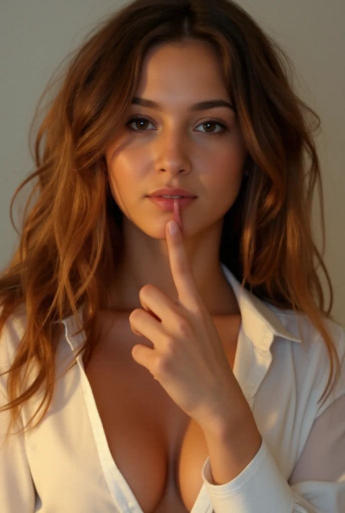 Create a striking image of a 20-year-old Caucasian girl with messy long, curly highlighted brown hair, showcasing her fit and slim body. She has large breasts,  4K, ensuring every detail is crisp and vivid. She is wearing white unbuttoned shirt with collar, her cleavage is visible, she is holding her right hand touching her lower lip with her fingertips. Portrait photo. Lighting is soft and glowing