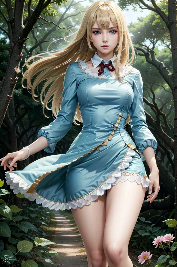 ( masterpiece,  Best quality :1.3)
 TekkenLili , 1 girl,  alone, Blonde hair,  blue eyes , Long hair,  in the humid forest with flowers, Wear a beautiful CCI outfit , By Stanley Artgerm Lau, wow