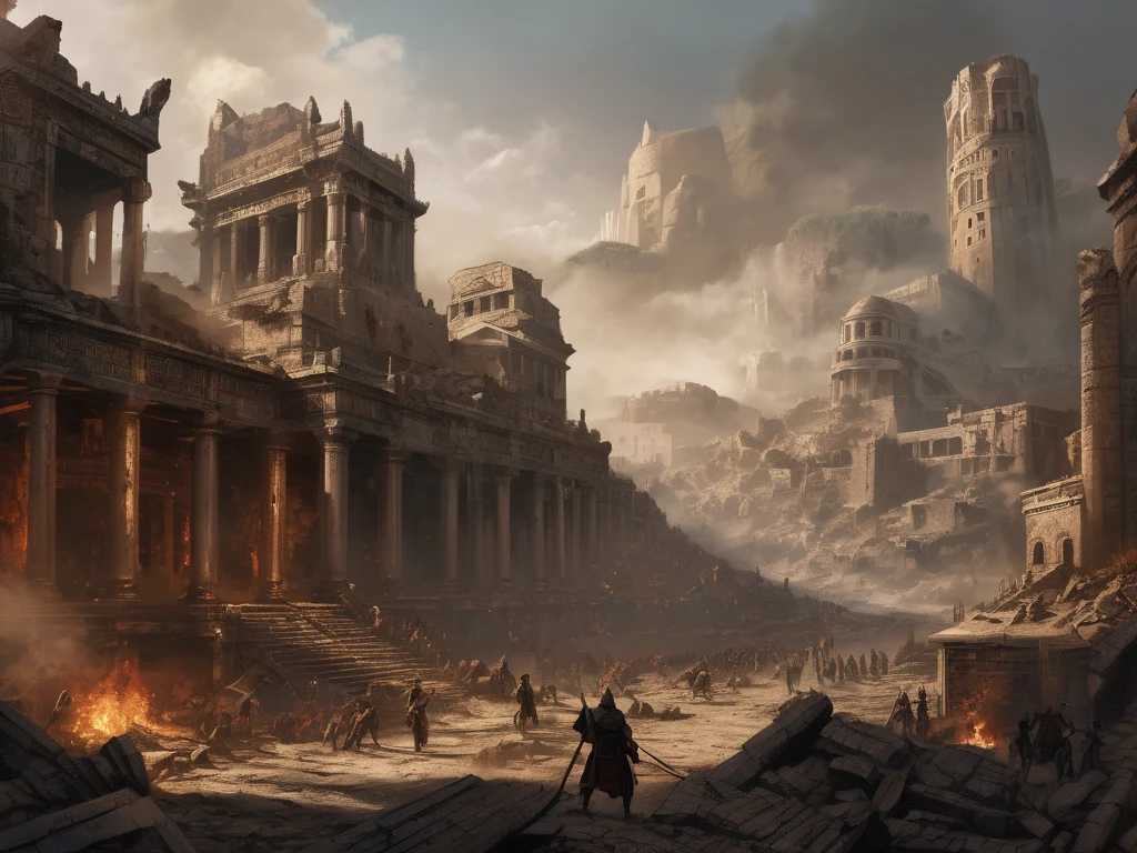  An ancient city in ruins , with scenes of chaos : people fighting,  destruction ,  and a dark environment ,  representing the decay of humanity.