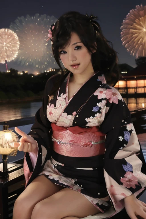 ultra-detailed,highly detailed,best quality,masterpiece,illustration,realistic,
1girl, solo, tesstaylor, looking at viewer, brown eyes,
kimono, japanese clothes, sash, obi,yukata, wide sleeves,long sleeves,  floral print,
outdoors, night sky, night,fireworks, sparkler, bug,butterfly, depth of field, blurry background, city, city lights,
long hair,  black hair, hair ornament, hair flower, twintails, bangs,
sitting,  flower,  holding, kimono
yukata,japanese clothes,obi, sash, floral print, obijime,
