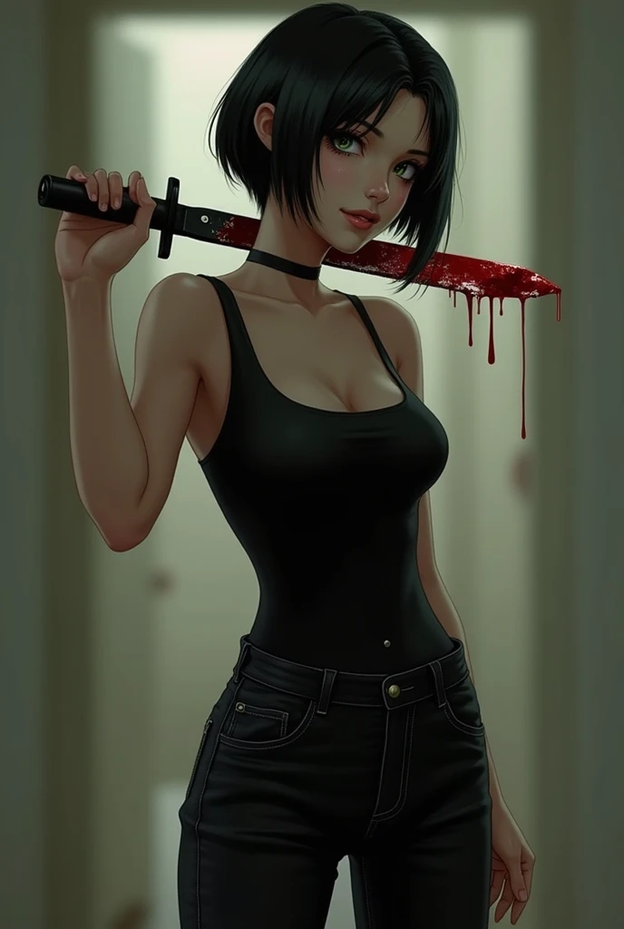 a woman with short black hair, hair on shoulders, wearing a black cropped and plaid skirt, blue eyes, zombie art, gothic art, cute aesthetic with vibe, toon aesthetic, wearing red costume, wearing gothic accessories, look like Cassie Hack, whole body, holding a skull in his hand, horror background (zombies, blood)