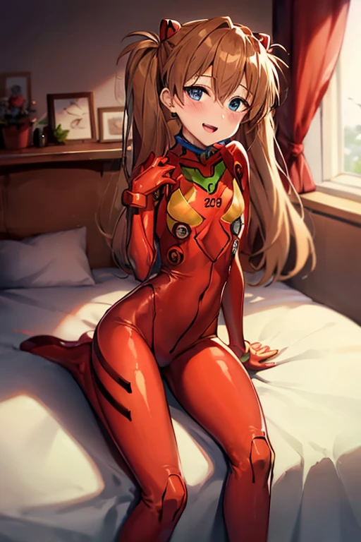 (( top quality )), ((masterpiece)), (be familiar with),  perfect face, indoor, bedroom,  watching viewers,
One woman,  Soryu Asuka Langley,
 open mouth,  ecstatic expression beside the piano, blush, smile,
 small tits,  flat chest, Young girl, Lori,  s,  girl,
 long hair,  Twin Tails ,
Leg spread,