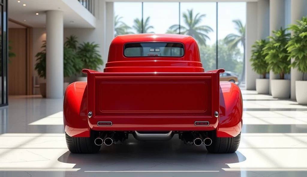 Prompt:
"A futuristic yet vintage-inspired Chevrolet Bel-Air pickup truck from the rear view, painted in a glossy, vibrant red exterior. The design features smooth, aerodynamic curves, modern LED taillights integrated seamlessly into the retro body shape, dual exhaust pipes below, and a clean, sleek truck bed. The background is a spacious, luxurious showroom with large glass windows, abundant natural light, minimalistic white interiors, reflective flooring, and indoor green plants, creating a premium and elegant atmosphere. The truck is centered, showcasing its bold yet classic aesthetic, with focus on symmetry and clean details."

