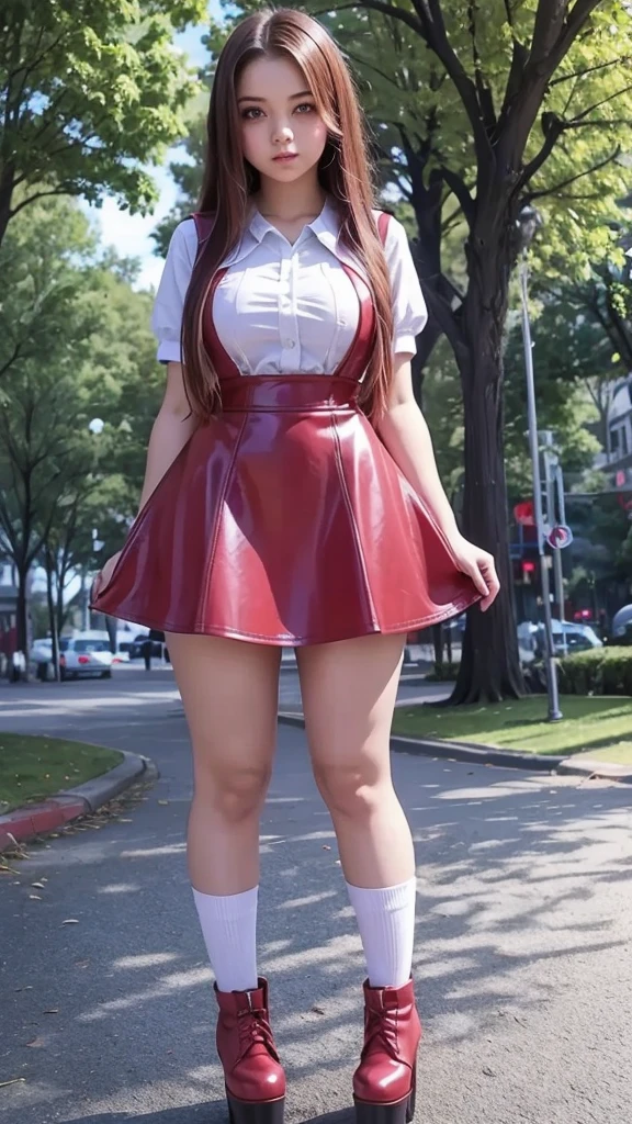 full body , fitted figure , cute beautiful 18 years old schoogirl, beautiful cute teen face with big lips , High Waisted red leather skater pinafore dress, blouse short puffy sleeves , High Waisted red leather skater pinafore dress, red pioneer neckerchief , brunette long hair, Beautiful eyes. stockings, thick platform shoes, a girl stands in the futuristic park against the backdrop of a futuristic city, flying vehicles in the sky, Curvy fitted legs, green leaves on the trees, photorealistic, Full body, red pioneer neckerchief