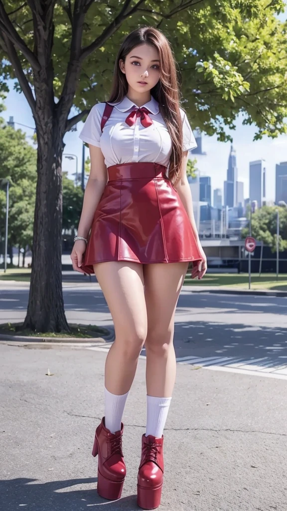 full body , fitted figure , cute beautiful 18 years old schoogirl, beautiful cute teen face with big lips , High Waisted red leather skater pinafore dress, blouse short puffy sleeves , High Waisted red leather skater pinafore dress, red pioneer neckerchief , brunette long hair, Beautiful eyes. stockings, thick platform shoes, a girl stands in the futuristic park against the backdrop of a futuristic city, flying vehicles in the sky, Curvy fitted legs, green leaves on the trees, photorealistic, Full body, red pioneer neckerchief