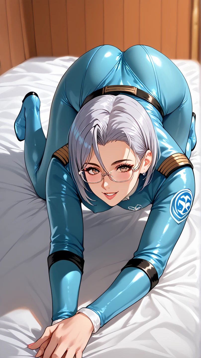  spandex pirot suit　 bed　   view from behind  　 sexy　 
kaoru niimi glasses

　crawl on all fours　 ecstatic expression