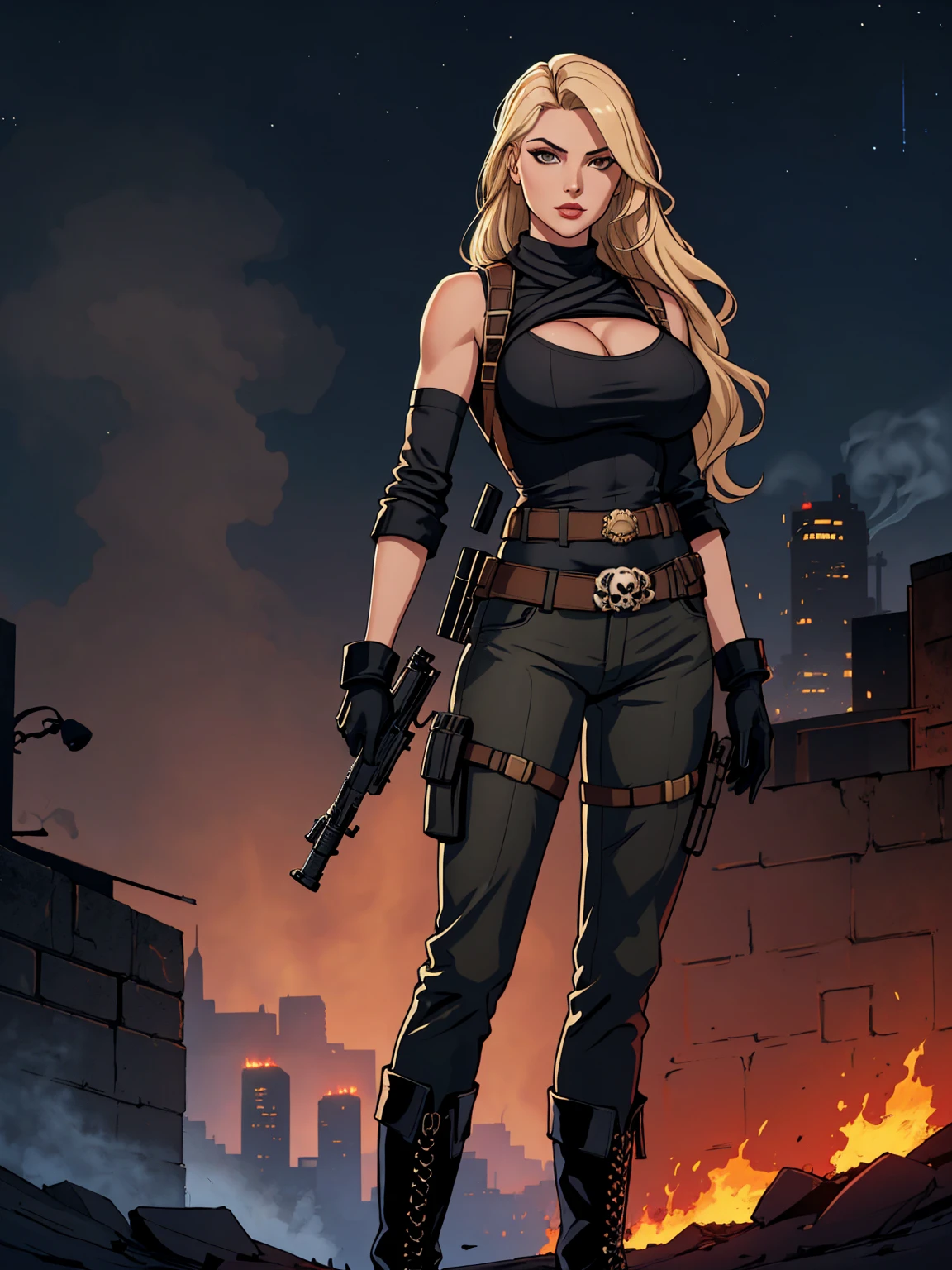 score_9, score_8_up, score_7_up, masterpiece, high quality, BREAK
 high quality a sensual woman, sexy body, sensual waist, big breasts, big breasts, big ass long hair, blonde hair, skull print top, gloves, top, belt, pants, thigh holster, bag, rifle, boots her left arm Standing up with a rifle, right arm on the waist, night scenery, city, smoke, fire, night.