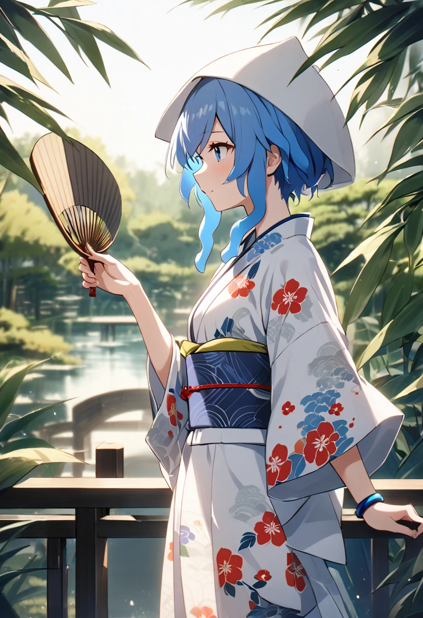   1 girl , Alone, ikasumume, white dress, blue hair, blue eyes, blue bracelet, Squid hat, tentacle hair, blue trim on clothes, yukata, kimono,  floral, red, green, white, Japanese Style, summer, Cool feeling, Soft light, yukata帯,  Fan in hand ,  bamboo leaves ,   Japanese Garden ,  full body