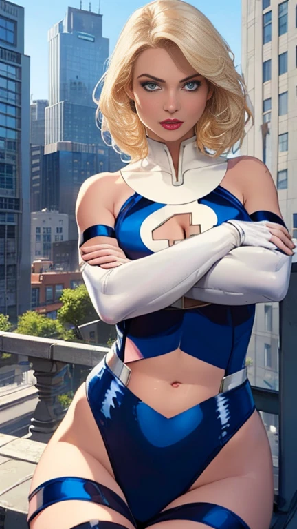 (highly quality ,  Masterpiece,  Detailed ), city  Detailed  scenario, city  Detailed  background, 1 girl, susan storm, Blue eyes, blonde hair,  blue swimsuit,  sleeves ,  white elbow gloves ,  short blue blouse ,  sitting on top of a building, belly button, Perfect face,   beautiful eyes of God ,  looking at the spectator , pose sexy