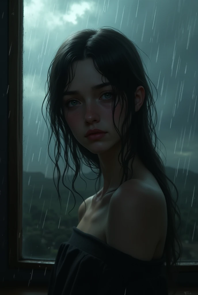 Best picture quality, masterpiece, ultra high resolution, (fidelity :1.4), photo, 1 girl,[(sadness)],white shirt, Dim, dark, desperate, pitying, pitiful, cinematic,tear,teardrop,(Torn clothes:1.5), (Wet clothes:1.4), bare shoulders,Real rain,wet hair,..