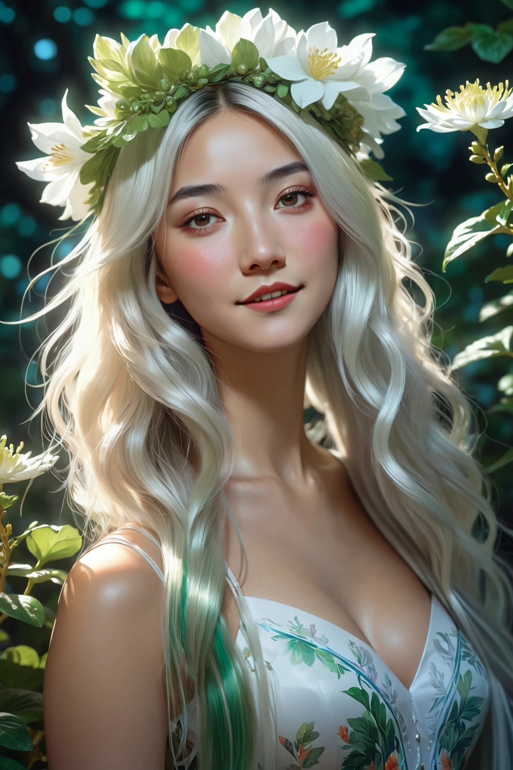 Asian face,a close up of a woman with a flower crown on her head, artwork in the style of guweiz, gorgeous digital painting, beautiful digital painting, in the art style of bowater, very beautiful portrait, beautiful anime portrait, high quality portrait, beautiful digital illustration, detailed beautiful portrait, beautiful digital artwork, soft portrait, soft portrait shot 8 k, beautiful character painting,Hyperrealistic female portrait by David Hockney and Alphonse Mucha, fantasy art, photo-realistic, dinamic lighting, Art Station, poster, voluminous lighting, Very Detailed Faces, 4 k, Award-winning, a 1girl, wicked smile, around dark, deep shadow, Discreet key, Cowboy shot (Formal dress 1.4), hairlong, white colored hair, chuuChloe, photo on the phone,taking selfies,Beautiful photo in nature. Professional outdoor photography. A photo with a plant. Professional photo in green tones.