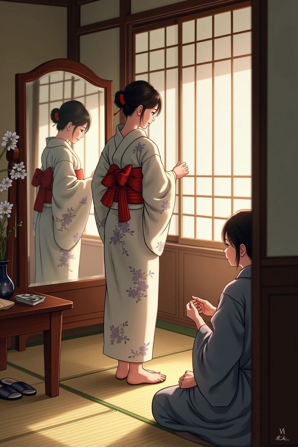 A beautifully detailed scene capturing the intimate ritual of dressing in a traditional Japanese yukata, rendered with a serene and nostalgic atmosphere. The central figure, a young woman, stands in front of an elegant wooden mirror, carefully tying the intricate knot of her obi. Her hands move with practiced precision, adjusting the fabric’s folds with grace.

The yukata is a delicate fabric with a soft floral pattern of pale cherry blossoms and flowing water on a light indigo background, contrasting gently with the vibrant obi in deep crimson, adorned with subtle gold accents. The soft light streaming through shoji screens bathes the room in a warm glow, creating delicate shadows across the tatami mats.

Surrounding her are small, meaningful details: a pair of geta sandals neatly placed beside a folded paper fan, a lacquered hair comb resting on a low wooden table, and a vase holding a single stem of blooming wisteria. A second figure, perhaps an elder family member or a close friend, sits nearby, offering quiet guidance or observing with a look of gentle pride.

The setting radiates timeless beauty and tranquility, with every element—traditional textures, muted natural tones, and the interplay of light and shadow—evoking the care and reverence of this cultural tradition. The scene draws the viewer into a moment of stillness, where artistry and heritage intertwine in the ritual of donning the yukata.