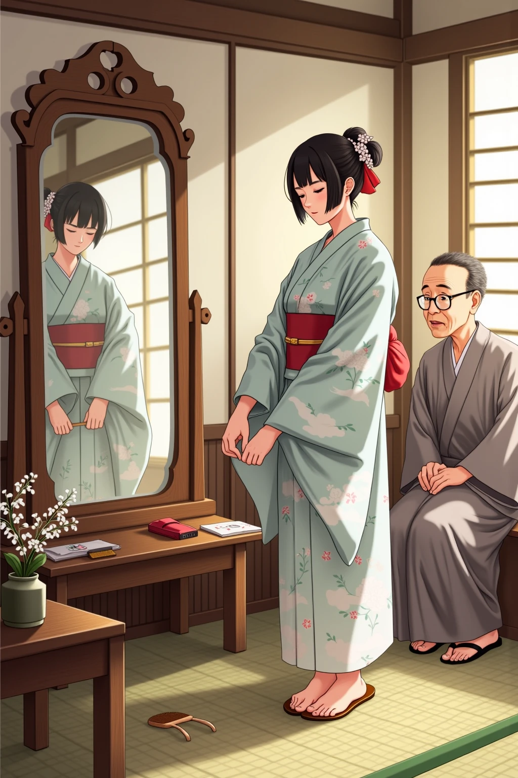 A beautifully detailed scene capturing the intimate ritual of dressing in a traditional Japanese yukata, rendered with a serene and nostalgic atmosphere. The central figure, a young woman, stands in front of an elegant wooden mirror, carefully tying the intricate knot of her obi. Her hands move with practiced precision, adjusting the fabric’s folds with grace.

The yukata is a delicate fabric with a soft floral pattern of pale cherry blossoms and flowing water on a light indigo background, contrasting gently with the vibrant obi in deep crimson, adorned with subtle gold accents. The soft light streaming through shoji screens bathes the room in a warm glow, creating delicate shadows across the tatami mats.

Surrounding her are small, meaningful details: a pair of geta sandals neatly placed beside a folded paper fan, a lacquered hair comb resting on a low wooden table, and a vase holding a single stem of blooming wisteria. A second figure, perhaps an elder family member or a close friend, sits nearby, offering quiet guidance or observing with a look of gentle pride.

The setting radiates timeless beauty and tranquility, with every element—traditional textures, muted natural tones, and the interplay of light and shadow—evoking the care and reverence of this cultural tradition. The scene draws the viewer into a moment of stillness, where artistry and heritage intertwine in the ritual of donning the yukata.