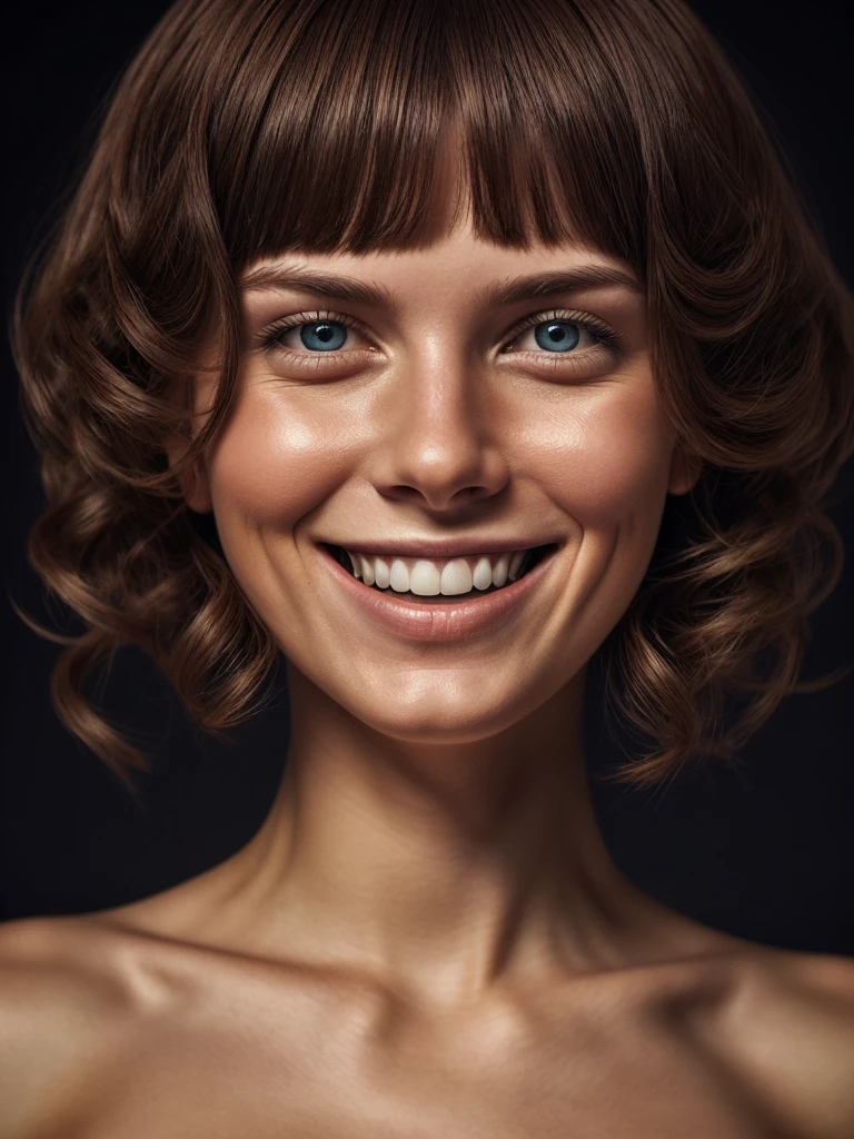 Beauty photo, upper body shot, from side, curly bangs female in a dark theme in style of Erik Johansson Whimsical, Surreal Medium format, digital manipulation Surreal, conceptual, whimsical, ((smile))